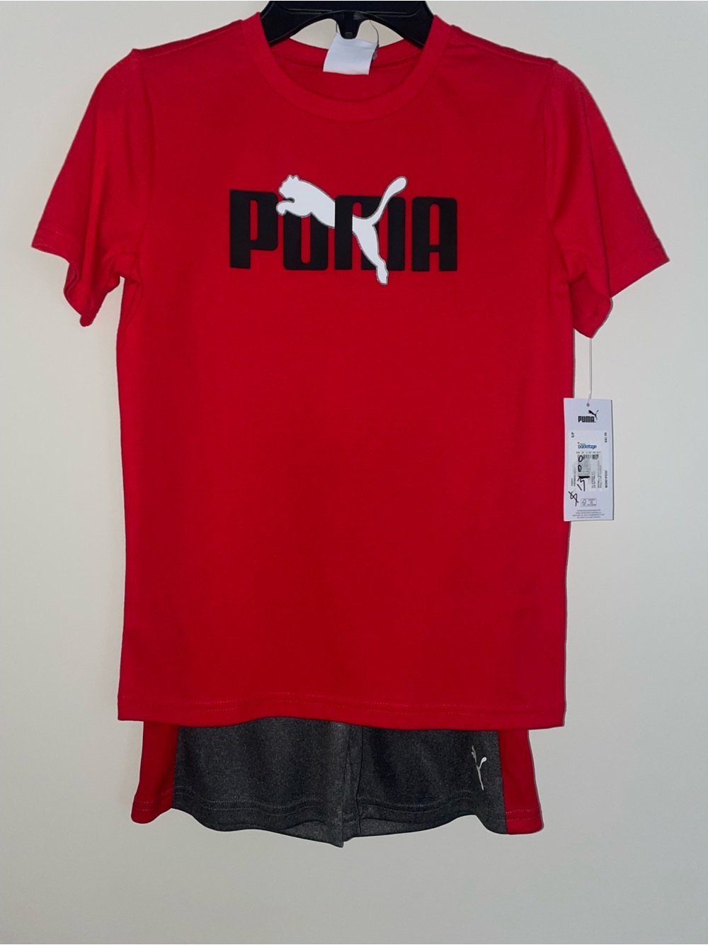 Puma Kids Boys Red T-Shirt and Gray Shorts Set